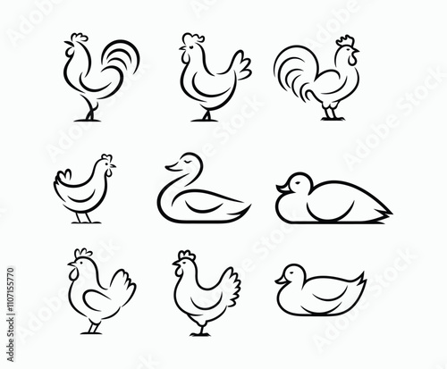 Refined Outline Poultry Silhouettes Vector Template for Logos photo