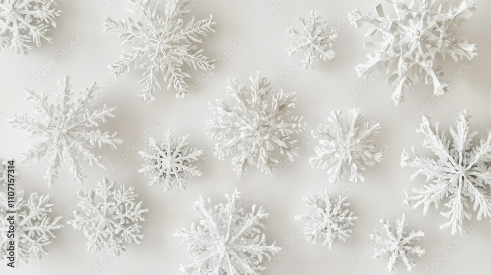 Abstract arrangement of 3D snowflakes on a pure white canvas, showcasing their unique crystalline forms Abstract arrangement of 3D snowflakes on a pure white canvas, showcasing their unique crystalline forms