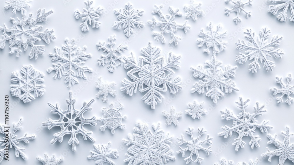 Abstract winter composition featuring 3D snowflakes delicately arranged on a white background Abstract winter composition featuring 3D snowflakes delicately arranged on a white background