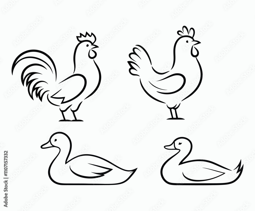 Obraz premium Stunning Outline Poultry Silhouettes Collection Vector Template
