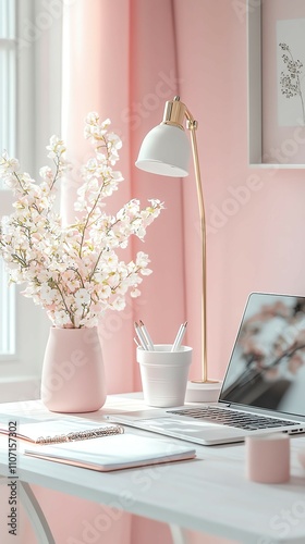 Aesthetic pastel home office with pink decor, stylish workspace with cherry blossom flowers, elegant feminine desk setup ,cozy work environment ,pink office inspiration
