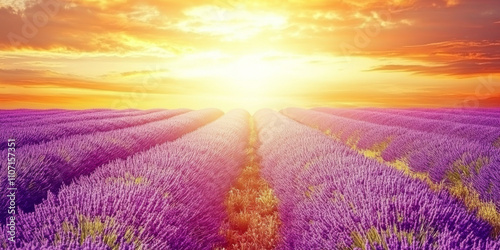 A tranquil lavender field stretching into the distance, with rows of vibrant purple flowers under a golden sunset. The sky is painted in hues of orange and pink, creating a warm and serene atmosphere.