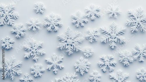 Abstract winter composition featuring 3D snowflakes delicately arranged on a white background