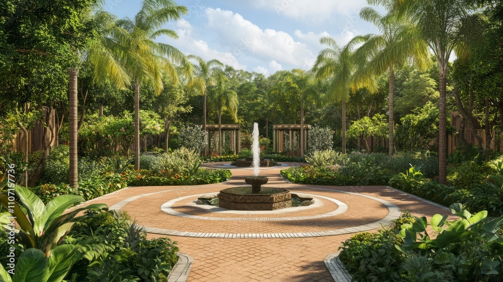 Fototapeta premium Lush tropical garden with central fountain.