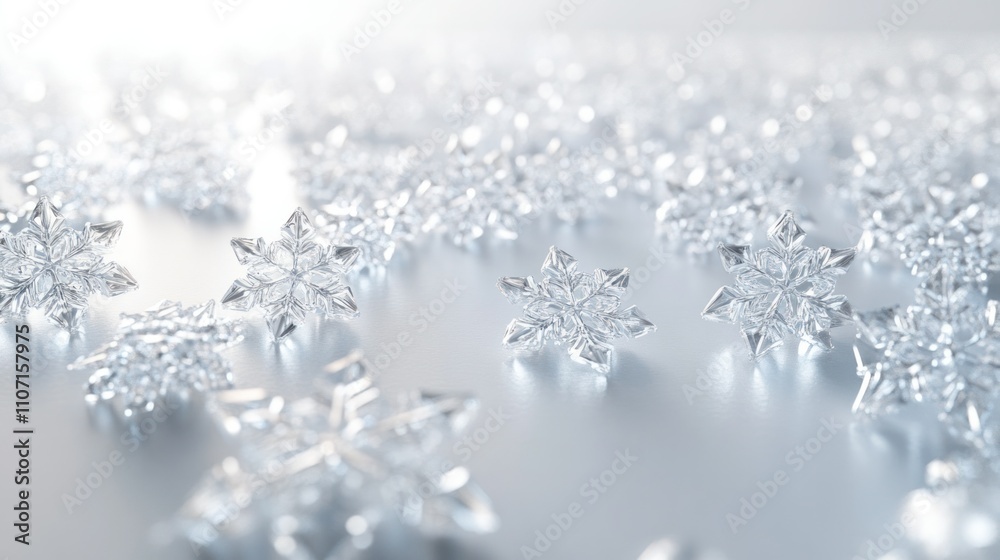 Array of 3D-rendered snowflakes scattered across a pure white background, with intricate icy details and soft lighting Array of 3D-rendered snowflakes scattered across a pure white background, with intricate icy details and soft lighting