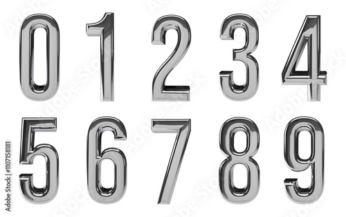 set of 3d rendering silver chrome number