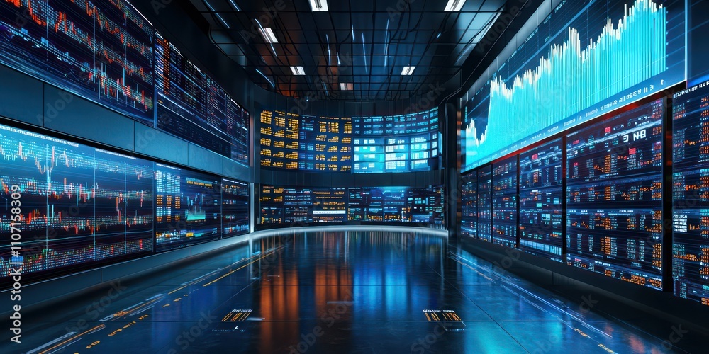 A professional broadcast studio set up for financial news, featuring large screens displaying stock market trends and a host ready to deliver the latest updates. A professional broadcast studio set up for financial news, featuring large screens displaying stock market trends and a host ready to deliver the latest updates.