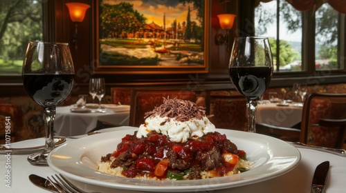 Gourmet Meal with Wine in Elegant Dining Setting photo