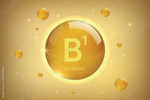Vitamin B1 gold icon. Thiamine vitamin drop pill capsule