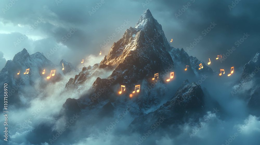 Misty Mountain with Glowing Musical Notes Misty Mountain with Glowing Musical Notes
