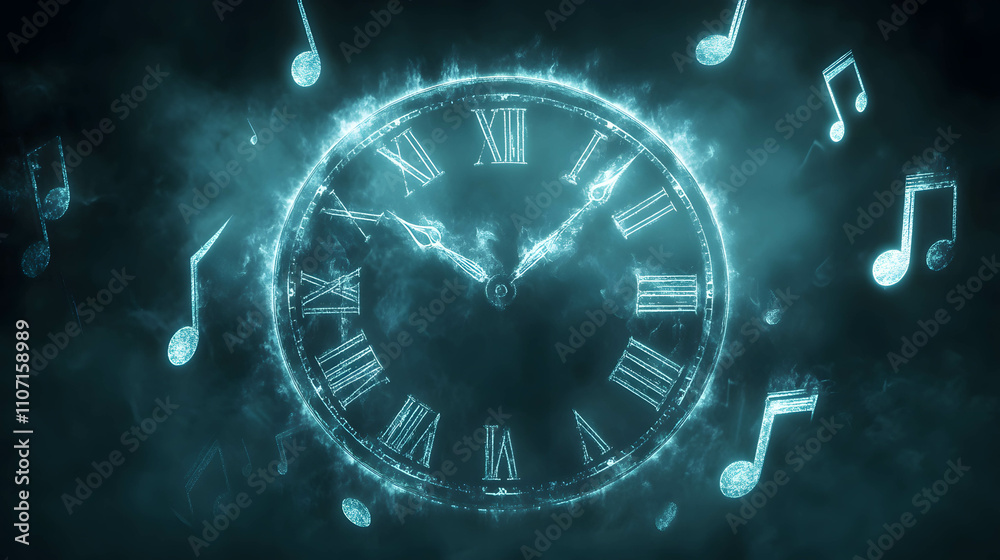 Obraz premium Glowing Musical Clock in Mist