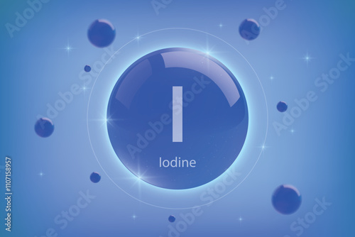 Iodine blue icon. Essential mineral capsule with glowing effects for bone health and wellnes