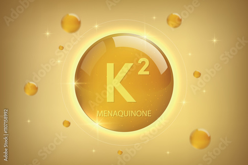 Vitamin K2 gold icon. Menaquinone vitamin drop pill capsule.