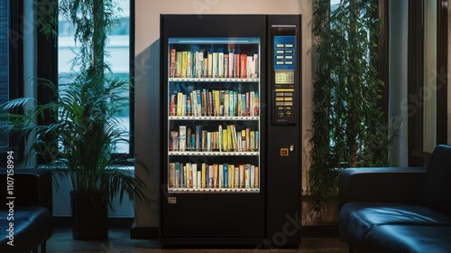 Automated vending machine dispensing books and magazines, situated in a quiet library corner