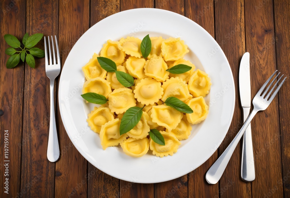 Fresh tortellini with basil on white plate, rustic wooden table Fresh tortellini with basil on white plate, rustic wooden table