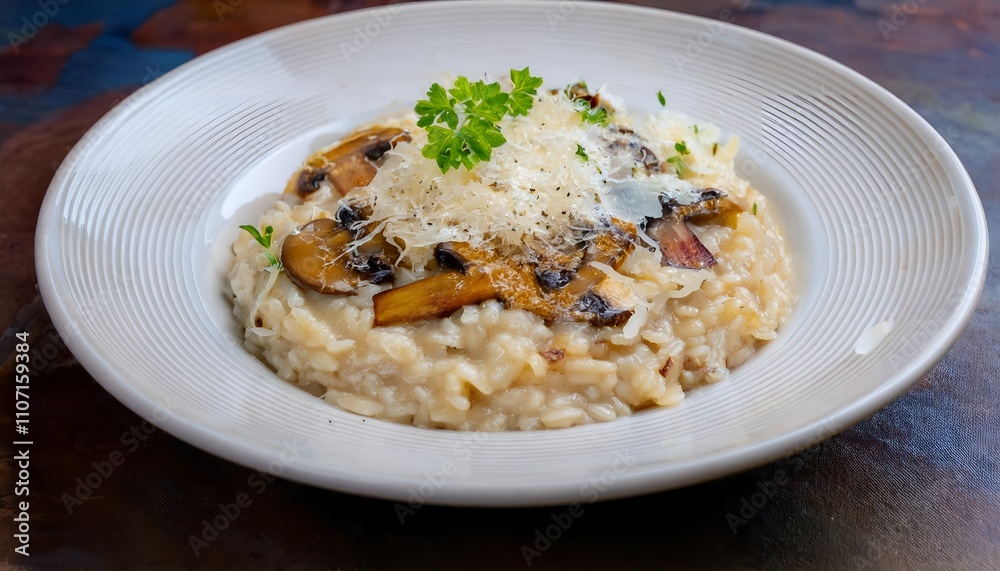 A creamy and enticing mushroom risotto garnished with parmesan cheese and fresh parsley, beautifully presented on a white plate. Perfect for fine dining themes and Italian cuisine inspiration. A creamy and enticing mushroom risotto garnished with parmesan cheese and fresh parsley, beautifully presented on a white plate. Perfect for fine dining themes and Italian cuisine inspiration.