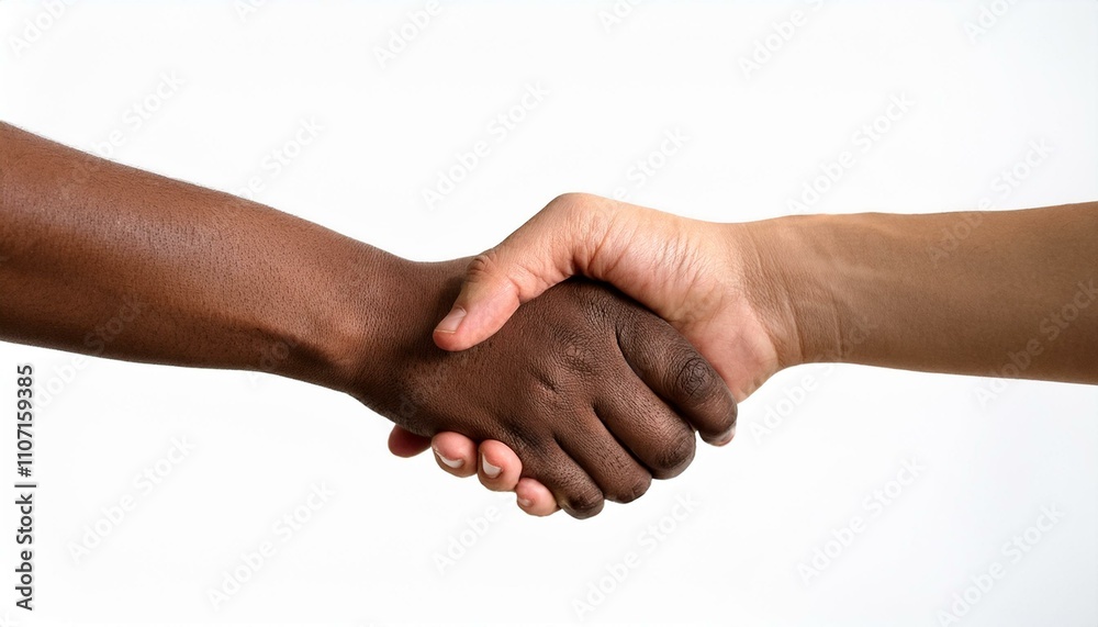 Multicultural diversity joining of hands, handshake, togetherness, community photo with diverse skin colors on isolated white background Multicultural diversity joining of hands, handshake, togetherness, community photo with diverse skin colors on isolated white background