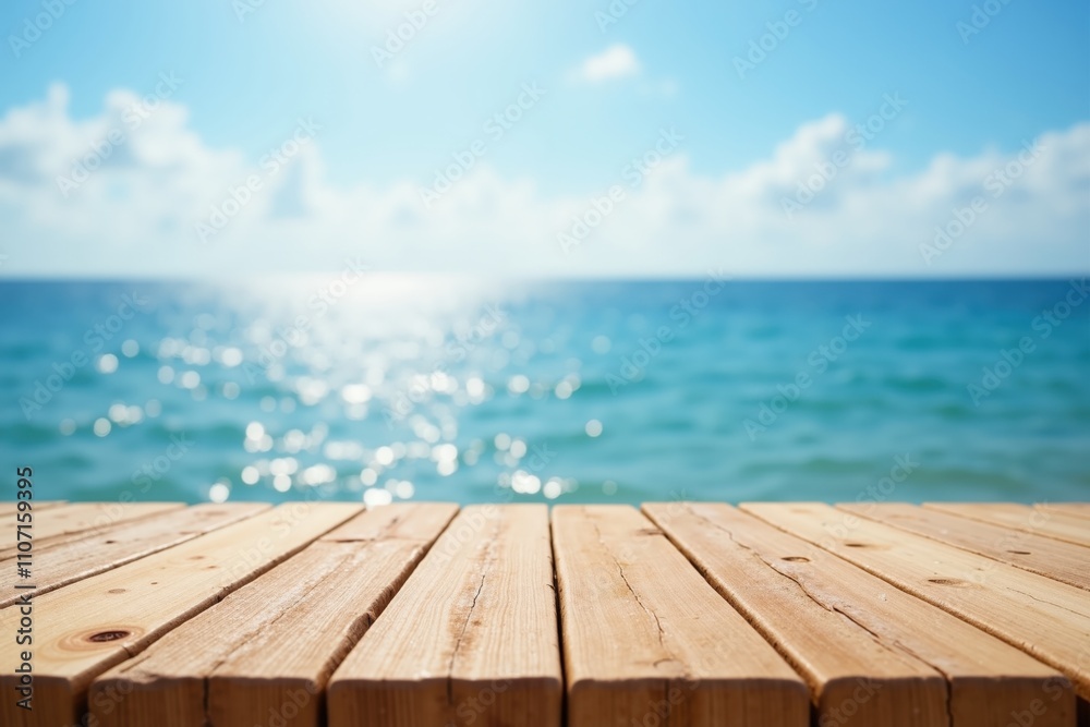 Tranquil ocean horizon with wooden deck under blue sky and sunlight reflections. Tranquil ocean horizon with wooden deck under blue sky and sunlight reflections.