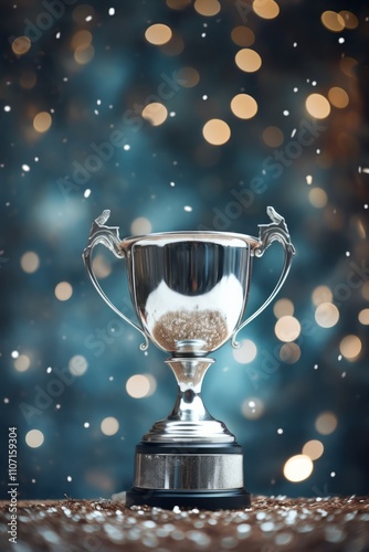 Silver trophy on table with confetti, celebrating victory against a festive bokeh background, vertical