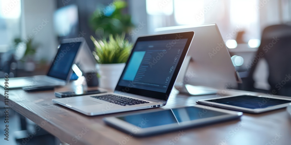 A professional video conference setup in a modern office, showcasing participants connected through laptops and tablets. A professional video conference setup in a modern office, showcasing participants connected through laptops and tablets.