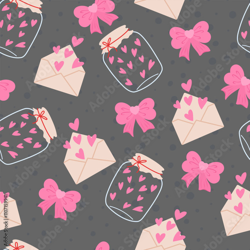 Cute seamless pattern with little hearts in a jar and letters. Vector pastel background. Valentine's day and love