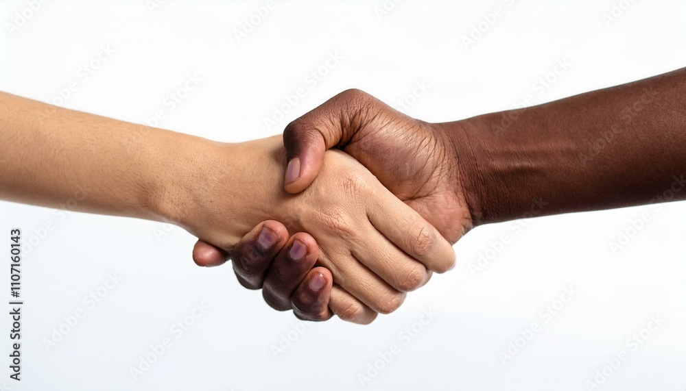 Multicultural diversity joining of hands, handshake, togetherness, community photo with diverse skin colors on isolated white background