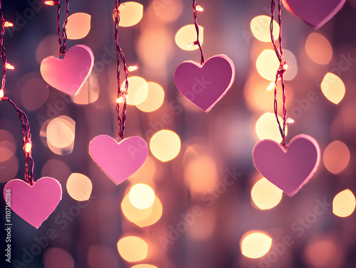 Romantic pink hearts hanging with festive lights create warm atmosphere. Perfect for celebrations, love notes, or special occasions