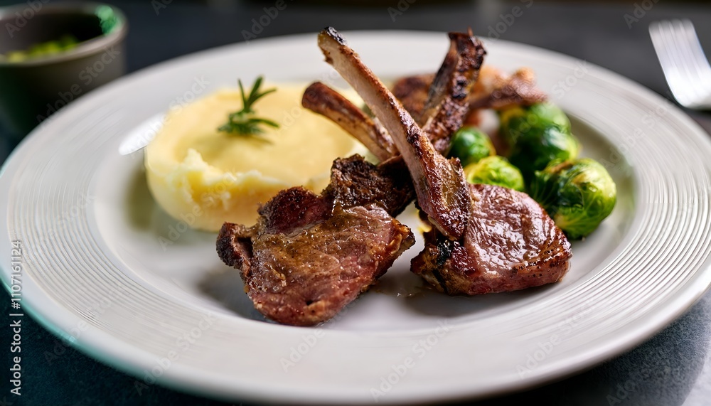 A gourmet meal featuring succulent lamb chops, creamy mashed potatoes, and a vibrant green sauce, elegantly presented on a white plate with a checkered napkin. A gourmet meal featuring succulent lamb chops, creamy mashed potatoes, and a vibrant green sauce, elegantly presented on a white plate with a checkered napkin.