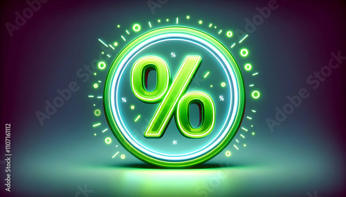 Icon A neon green zero percentage sign with a glowing sale discount icon, isolated over a white backgroun1