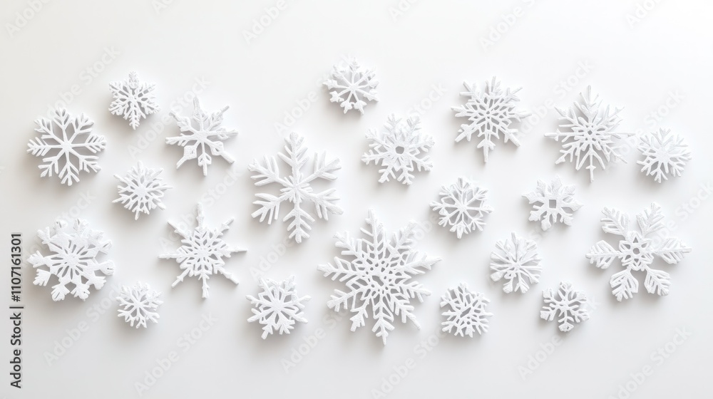 Cluster of elegant 3D snowflakes in various sizes, artistically displayed on a white background Cluster of elegant 3D snowflakes in various sizes, artistically displayed on a white background