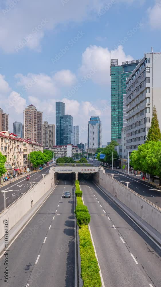 4K time lapse of cars driving on the highway in the morning with Shanghai skyline background 4K time lapse of cars driving on the highway in the morning with Shanghai skyline background