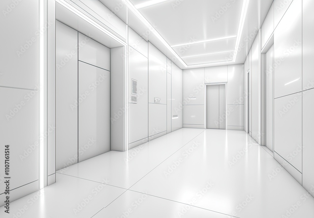 a white, empty hallway with doors on the right side and lights in the ceiling. Abstract, minimalistic interior design of a modern, clean office or museum hall a white, empty hallway with doors on the right side and lights in the ceiling. Abstract, minimalistic interior design of a modern, clean office or museum hall