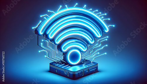 Icon A 3D neon blue WiFi internet icon with bright glowing lines, isolated on a white background, represe2