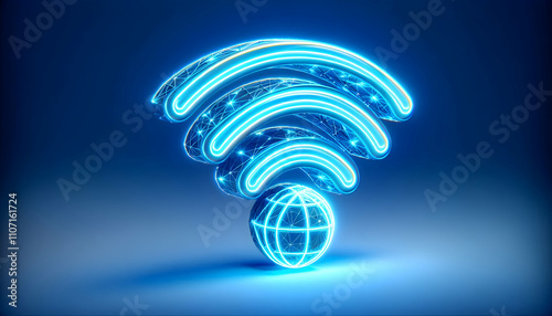 Icon A 3D neon blue WiFi internet icon with bright glowing lines, isolated on a white background, represe1