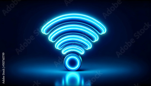 Icon A 3D neon blue WiFi internet icon with bright glowing lines, isolated on a white background, represe3