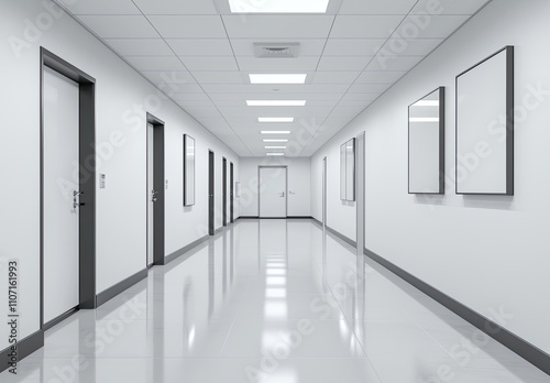 Abstract white corridor with doors and lights, a minimalistic interior design of the hall in an office, museum, or gallery