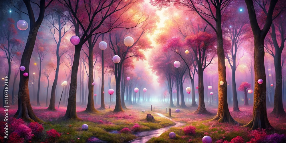 Obraz premium Surreal Panoramic View of a Vibrant Pink and Purple Forest, Capturing the Enchantment of Nature’s Colorful Landscape in a Dreamlike Atmosphere