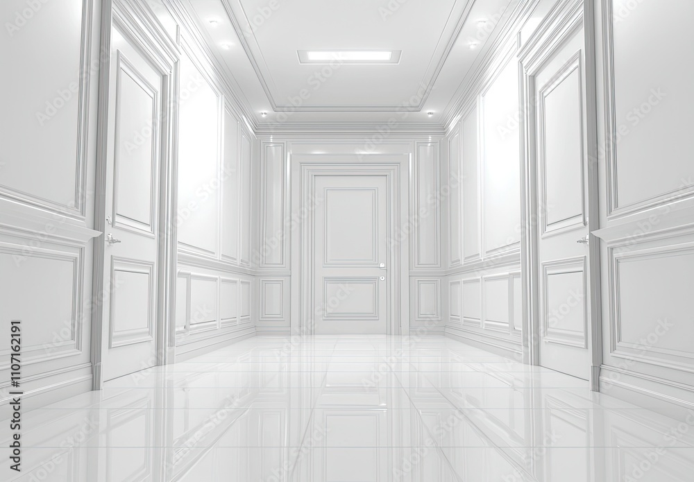 Abstract white corridor with doors and lights, a minimalistic interior design of the hall in an office, museum, or gallery Abstract white corridor with doors and lights, a minimalistic interior design of the hall in an office, museum, or gallery
