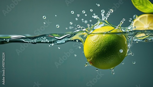 Fresh green lime slices splashing into clear water, creating a dynamic and refreshing scene with bubbles and water droplets, ideal for beverage or summer-themed designs.

