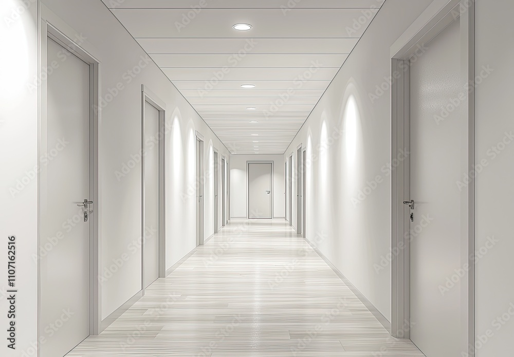 Abstract white corridor with doors and lights, a minimalistic interior design of the hall in an office, museum, or gallery Abstract white corridor with doors and lights, a minimalistic interior design of the hall in an office, museum, or gallery