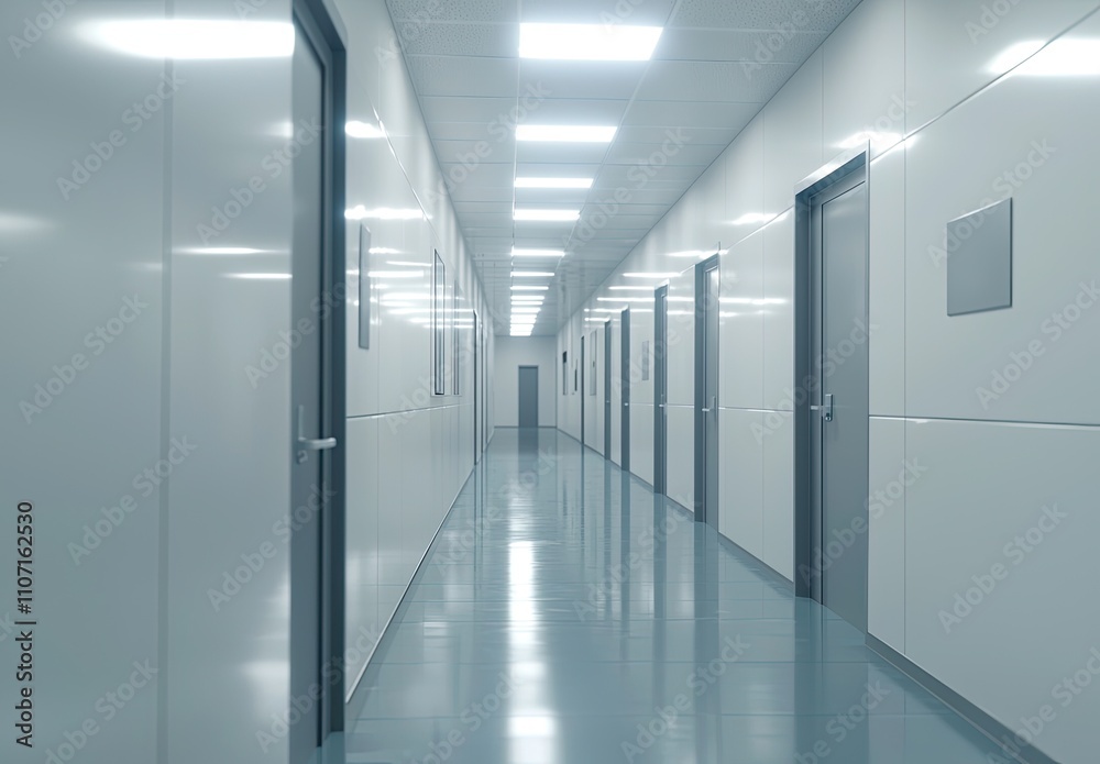 Abstract white corridor with doors and lights, a minimalistic interior design of the hall in an office, museum, or gallery Abstract white corridor with doors and lights, a minimalistic interior design of the hall in an office, museum, or gallery