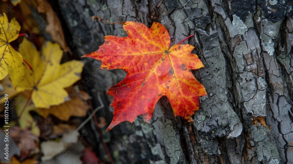 Changing Leaf. Autumn Colours of Nature: Red and Yellow Maple Leaves in Forest Changing Leaf. Autumn Colours of Nature: Red and Yellow Maple Leaves in Forest