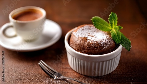 A delectable chocolate soufflé topped with powdered sugar and a mint leaf, served with a warm cup of coffee. Perfect for dessert lovers or a cozy coffee break.
