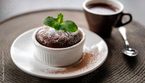 A delectable chocolate soufflé topped with powdered sugar and a mint leaf, served with a warm cup of coffee. Perfect for dessert lovers or a cozy coffee break.