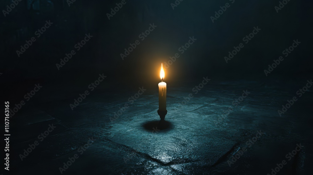 Fototapeta premium Single candle flame in dark room.