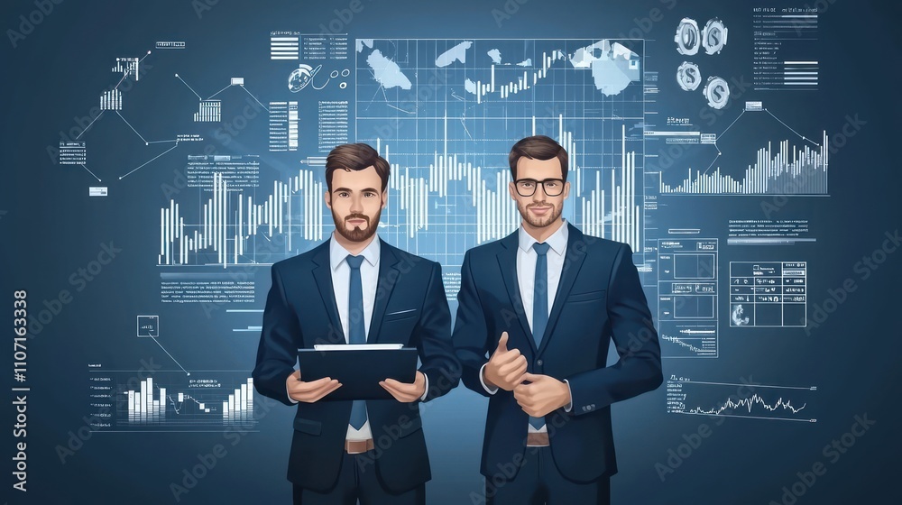 Two business professionals stand confidently against a digital backdrop of charts and data, symbolizing modern analytics and teamwork. Two business professionals stand confidently against a digital backdrop of charts and data, symbolizing modern analytics and teamwork.