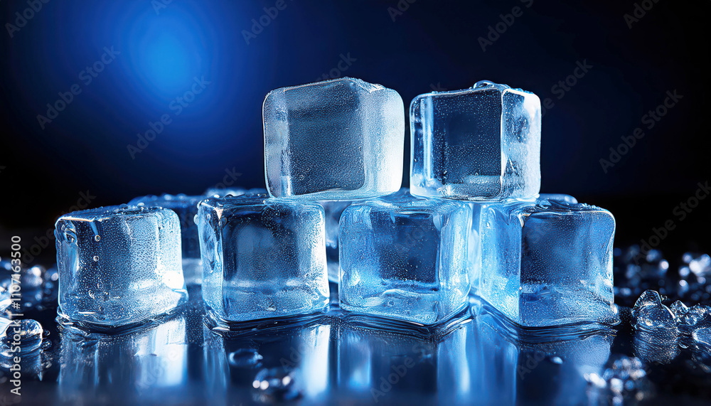 Stacked transparent ice cubes with reflections and water droplets