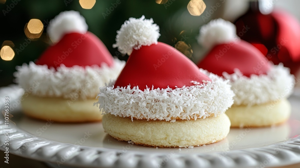 Make Santa hat cookies by frosting sugar cookies with red icing and a fluffy coconut trim