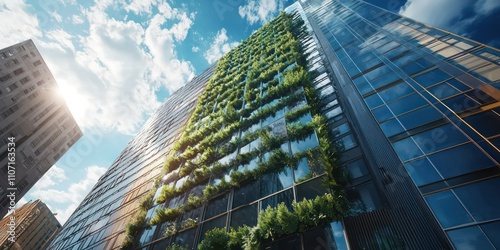 A high-rise building with vertical gardens and sustainable materials, creating a green faÃ§ade. photo