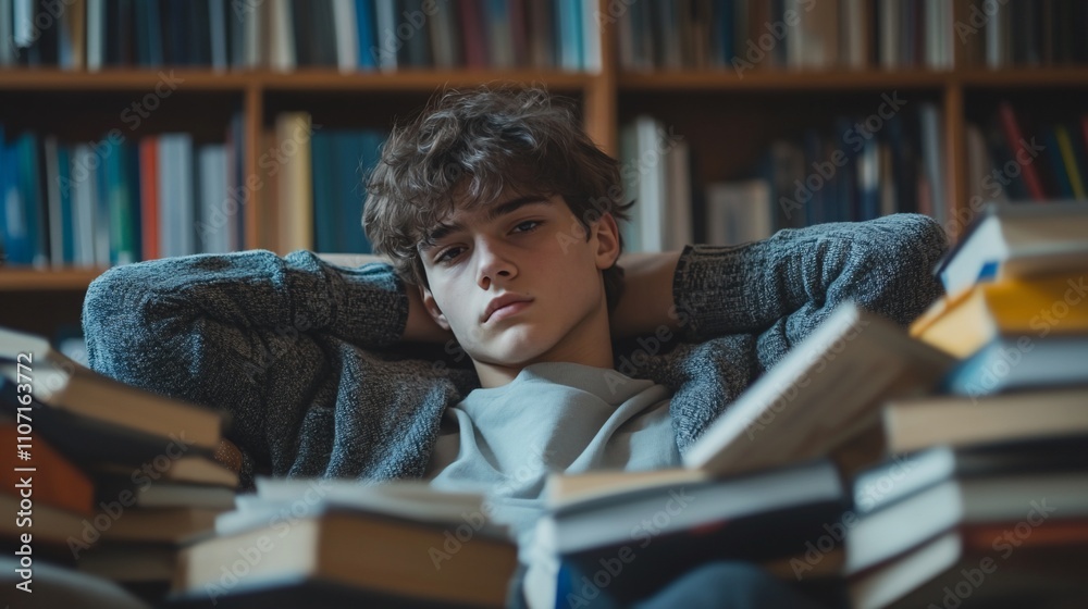 A young man relaxes among stacks of books, contemplating his studies. A young man relaxes among stacks of books, contemplating his studies.